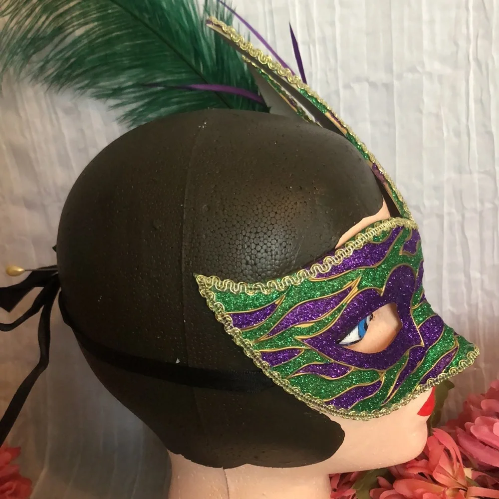 MARDI GRAS style lot of 2 masks Halloween costumes 1 NWT & 1 w/large feather
